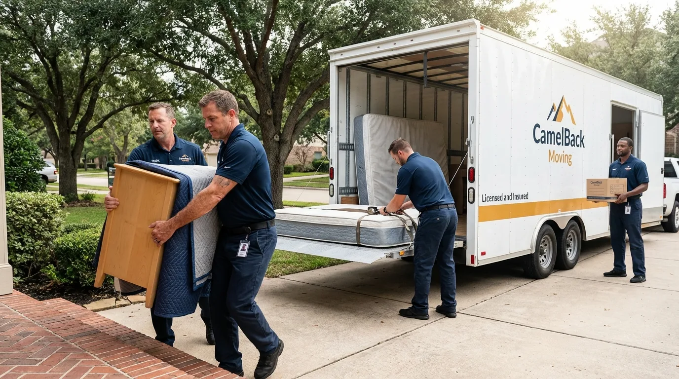 Crew loading residential truck for cross-state move from Brookshire, TX