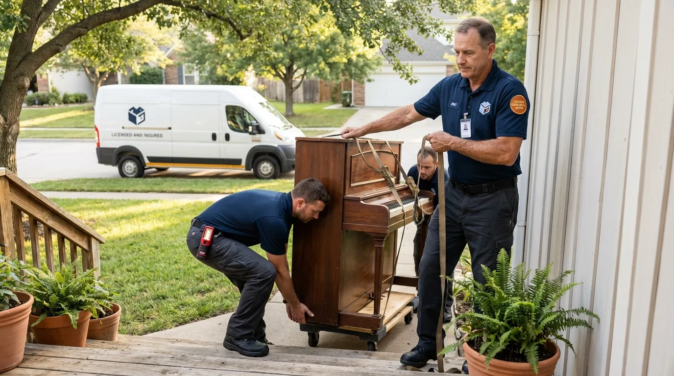 Licensed piano movers securing grand piano in Brookshire, TX