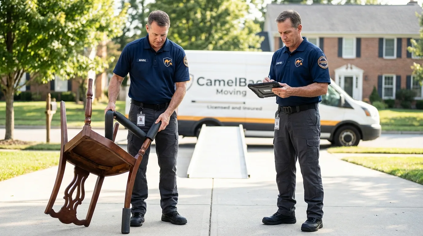 Movers inspecting furniture for damage prevention before loading in Brookshire, TX